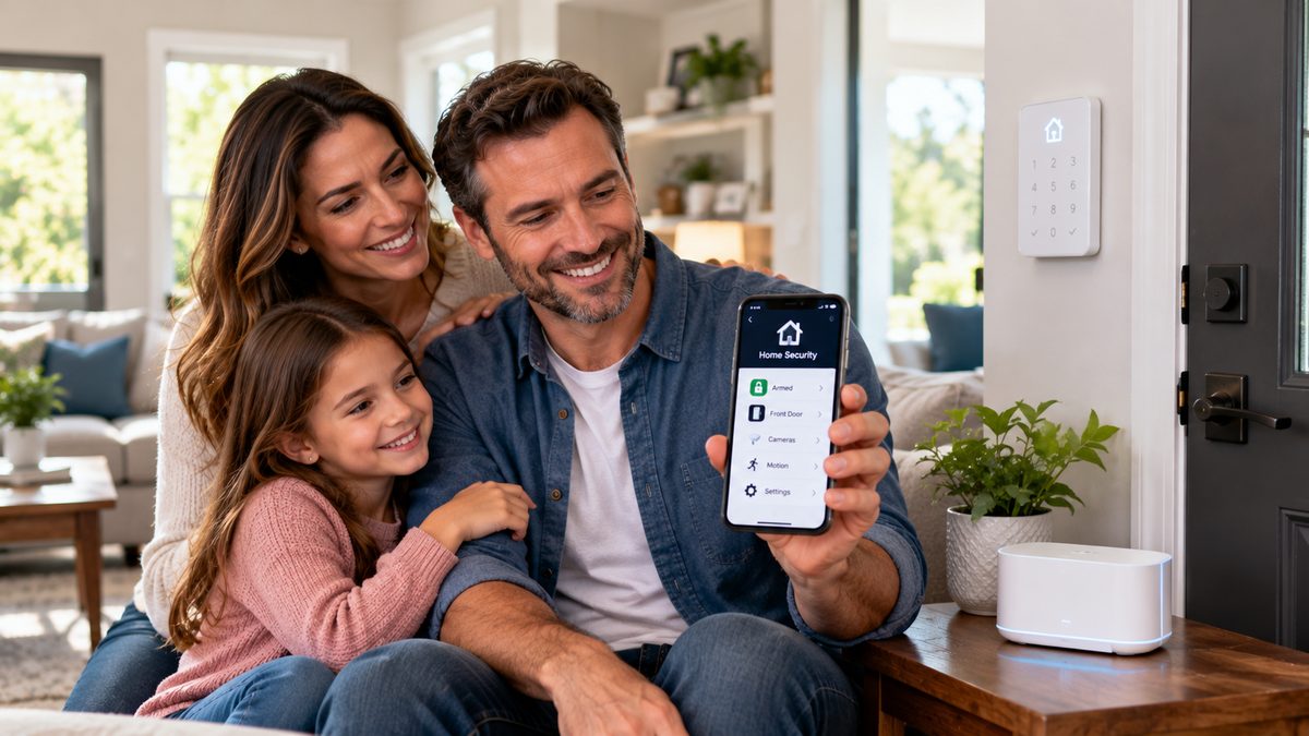 Family using a modern app-controlled home security system as an alternative to ADT