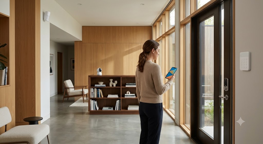 Woman checking her home security app on her phone in a modern living room with a camera visible on a shelf