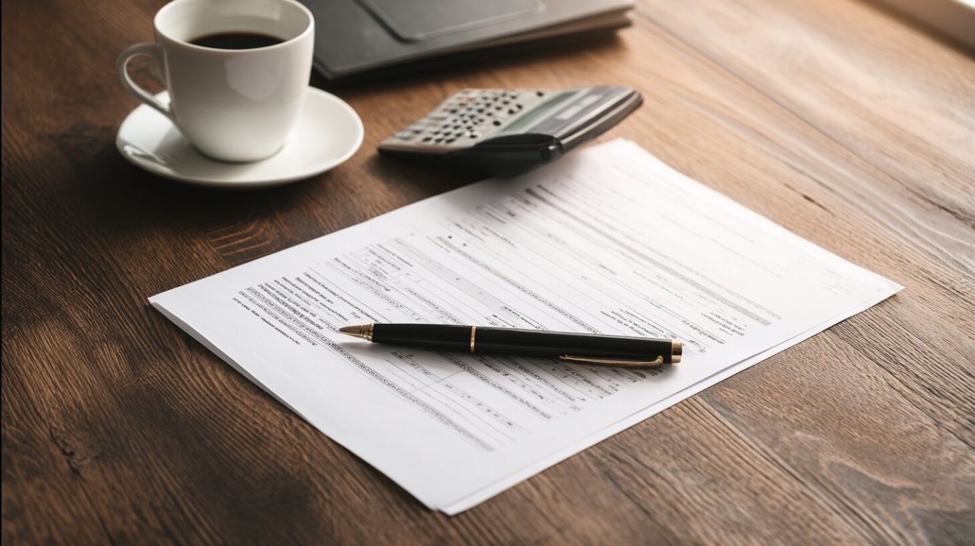 Woman reviewing her monthly bills and security paperwork at a kitchen table with a keypad on the wall nearby