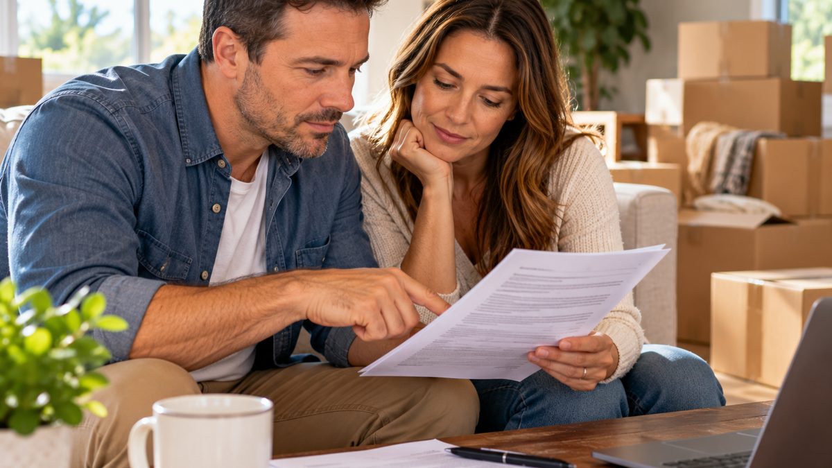 Couple reviewing an alarm monitoring contract and cancellation paperwork at a dining table