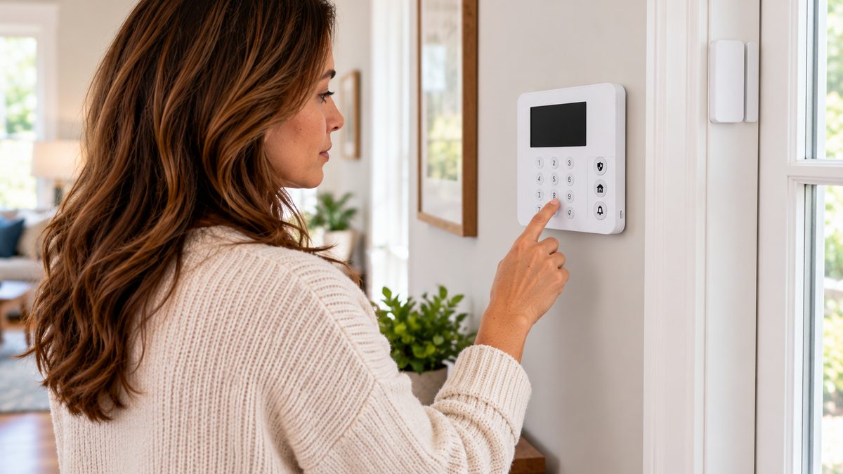 Wall-mounted alarm panel and door sensor in a hallway, showing equipment left in place after canceling a monitoring service