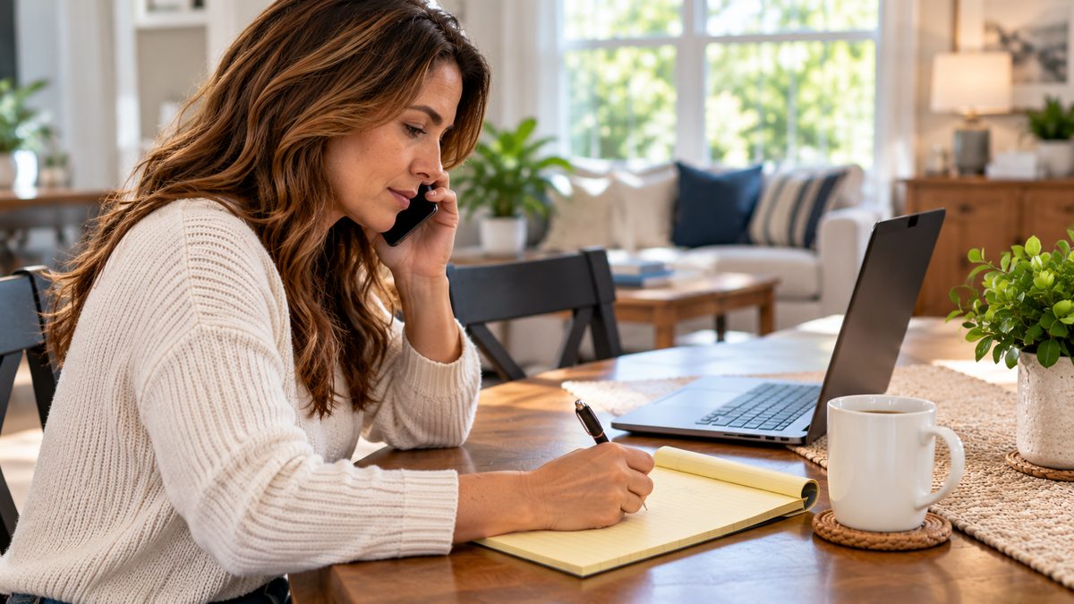 Homeowner on the phone at a kitchen table with a monitoring contract and notepad, canceling an alarm service