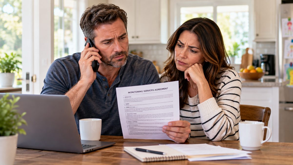 Couple reviewing a monitoring services agreement while on the phone to cancel ADT service