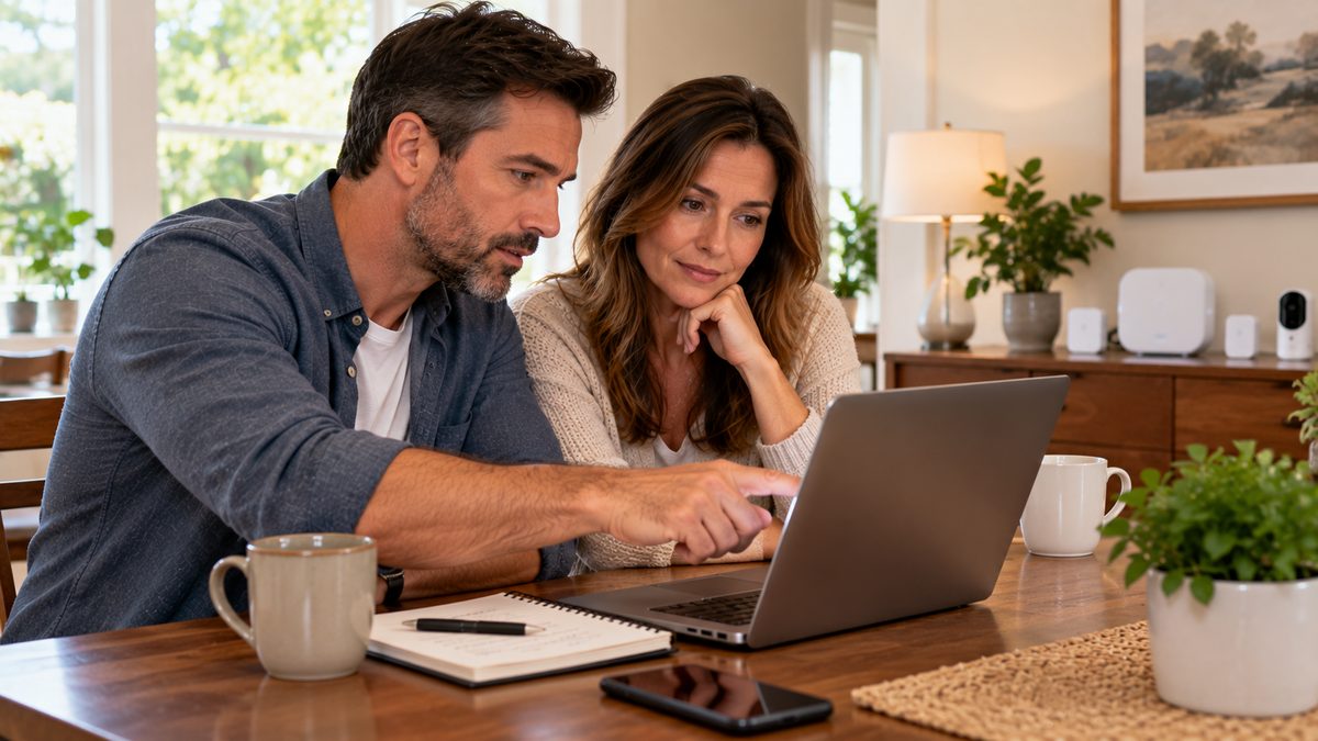 Couple at a dining table comparing home security options on a laptop with a phone nearby