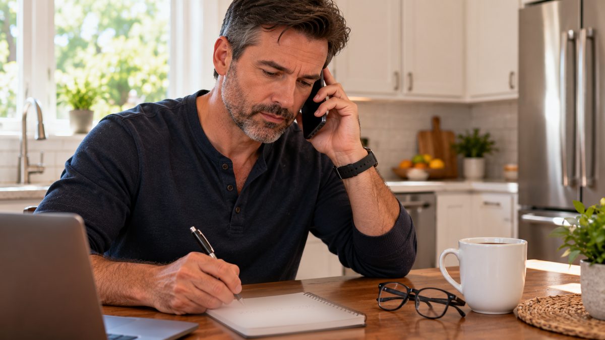 Woman at a kitchen table on the phone with a notepad, calling a home security company's customer service line
