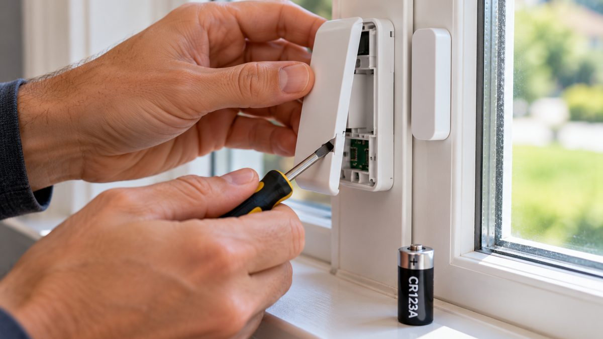 Close-up of hands replacing the CR123A lithium battery in an ADT wireless door sensor