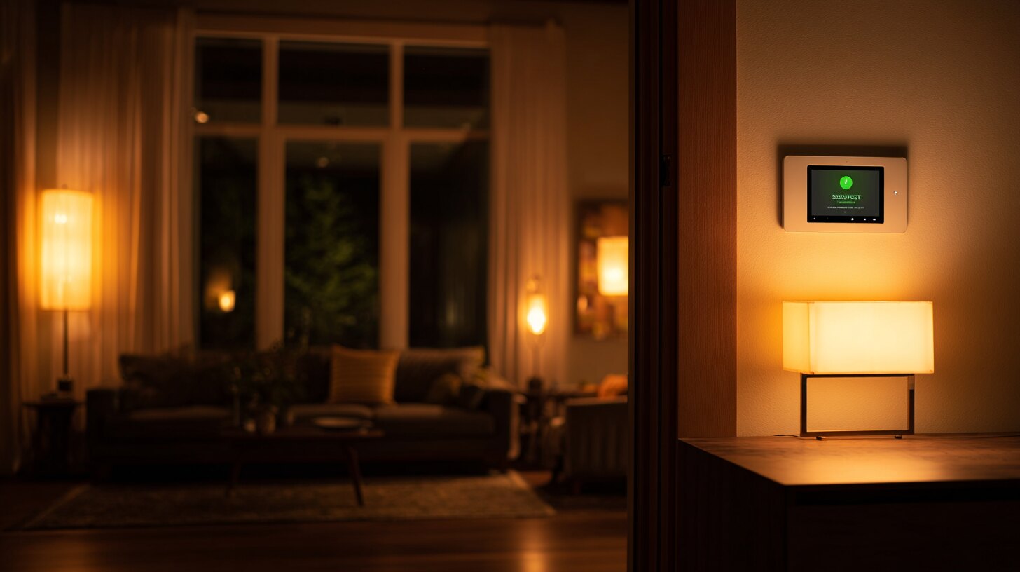 Modern home exterior lit up at night, fully secured
