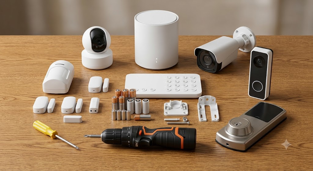 Full ADT-style security kit laid out: base station, keypad, sensors, batteries, smart lock, doorbell camera and installation tools
