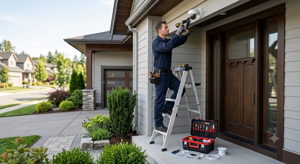 Professional installer on a ladder mounting an outdoor security camera with a tool box open below