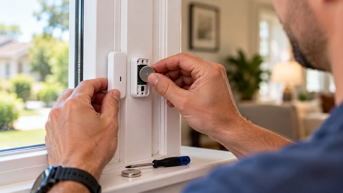 Homeowner replacing the coin-cell battery in an ADT-style door and window sensor to stop low-battery beeping
