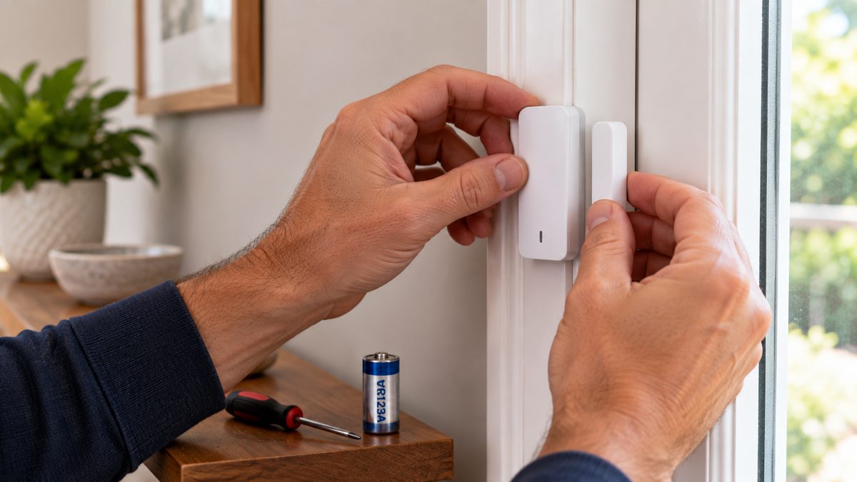 Close-up of hands realigning a wireless door sensor and its magnet on a door frame