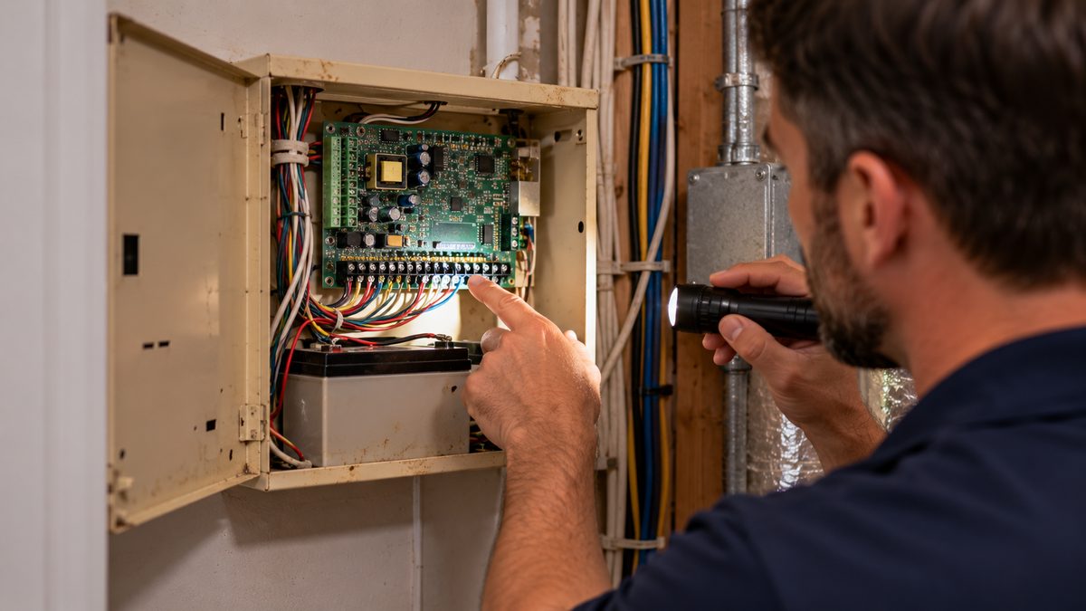 Technician inspecting an old hardwired alarm control box in a utility closet