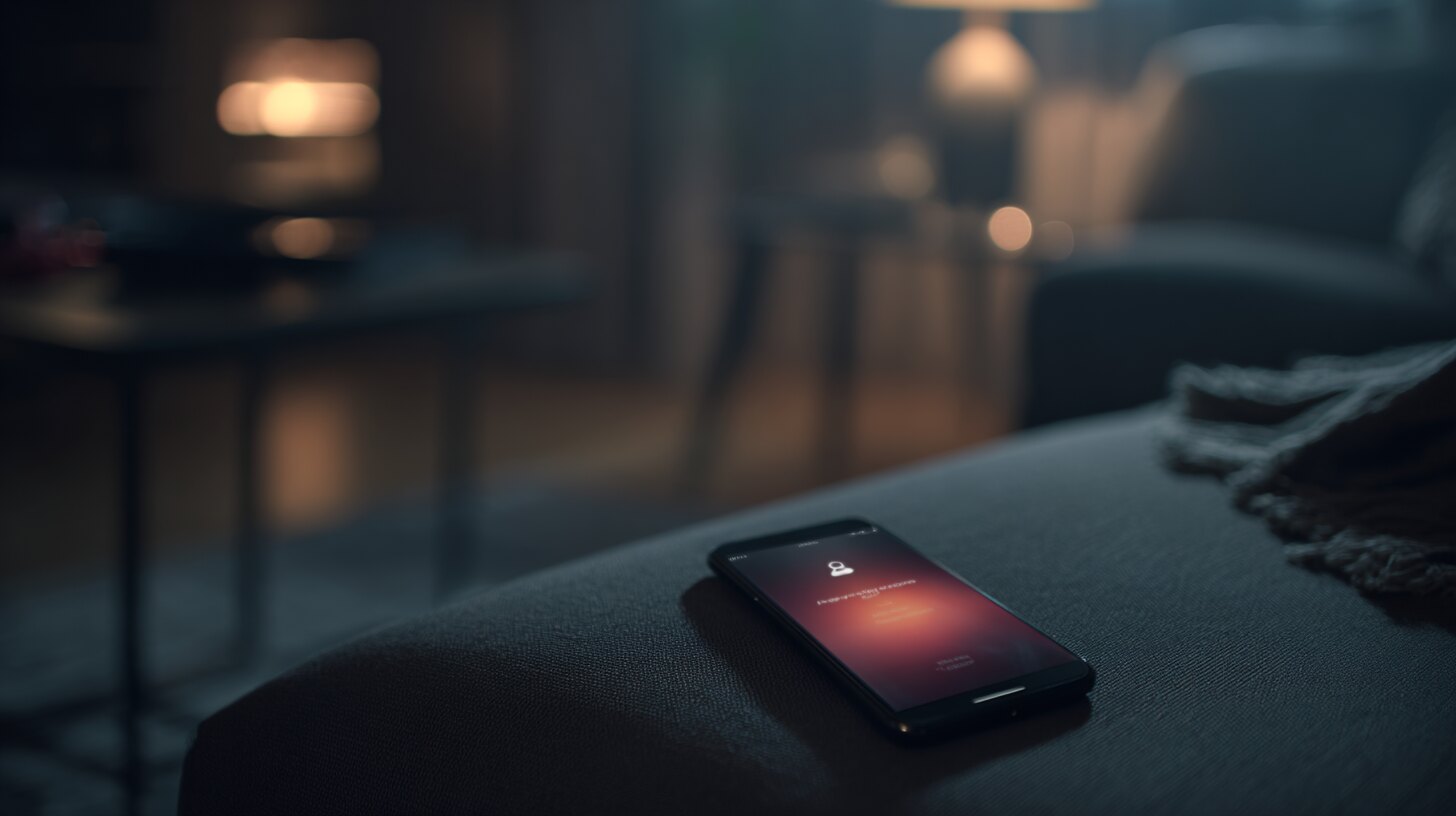 Man sitting on a couch looking uneasily toward the front door while checking his phone, with a disconnected app notification floating nearby