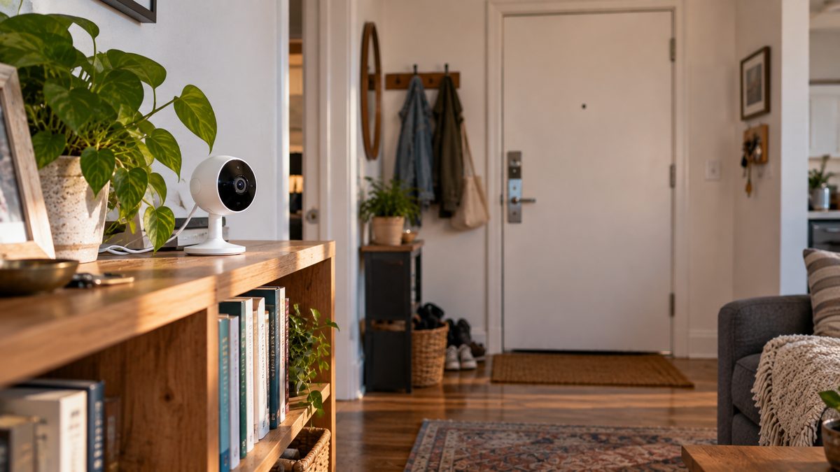 Small indoor security camera on an apartment bookshelf aimed at the tenant's own front door, not a hallway or a neighbor's unit