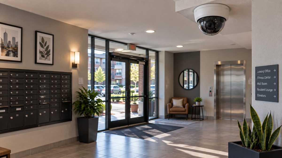 Ceiling-mounted dome surveillance camera in an apartment building lobby with mailboxes, an elevator and a resident directory - a shared common area