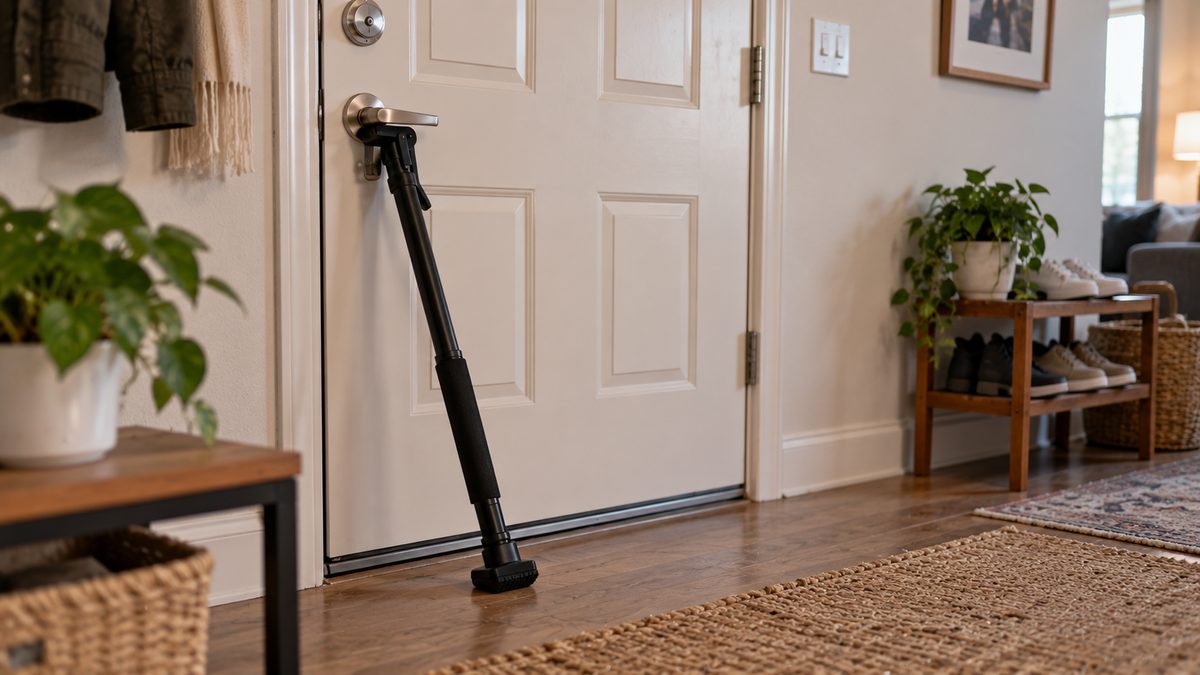Adjustable metal door security bar braced from the inside against an apartment front door handle down to the floor - a removable, no-drill break-in deterrent