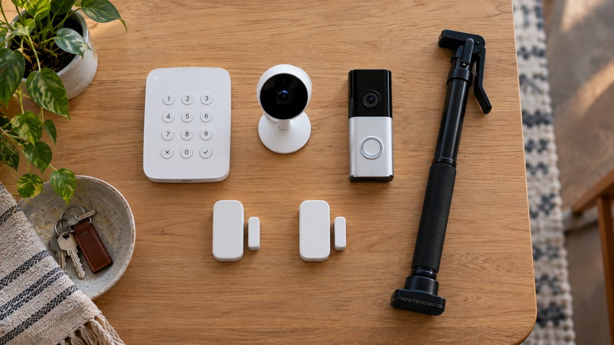 Overhead flat-lay of renter-friendly apartment security devices on a wood table: a wireless keypad, indoor camera, video doorbell, two adhesive door and window sensors, and a metal door security bar