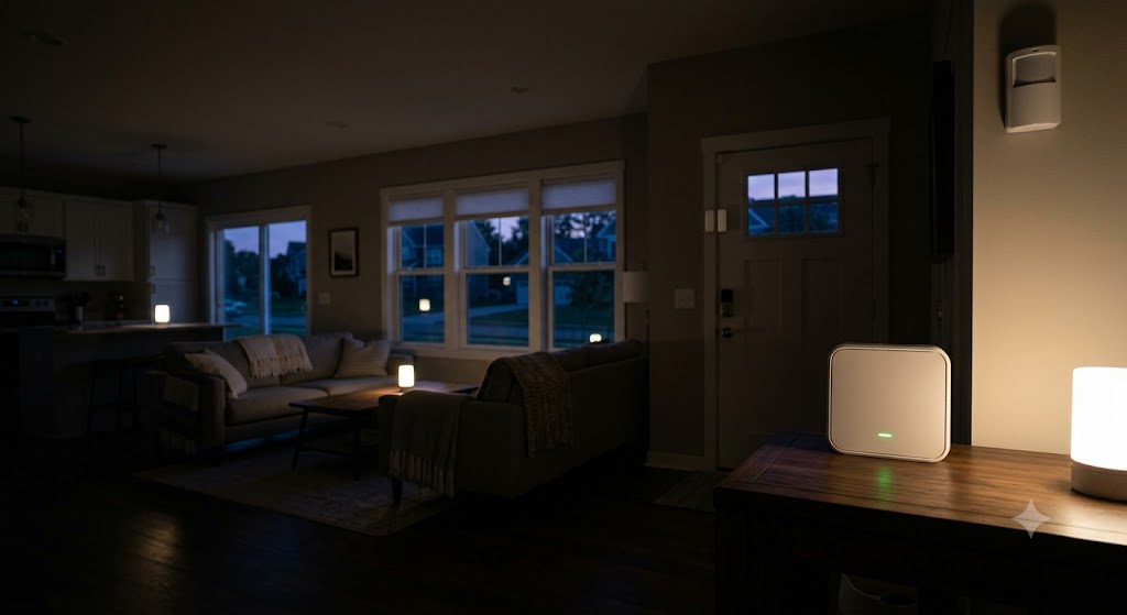 Living room at night with lamps glowing and a keypad lit up on the wall, illustrating power-outage battery backup