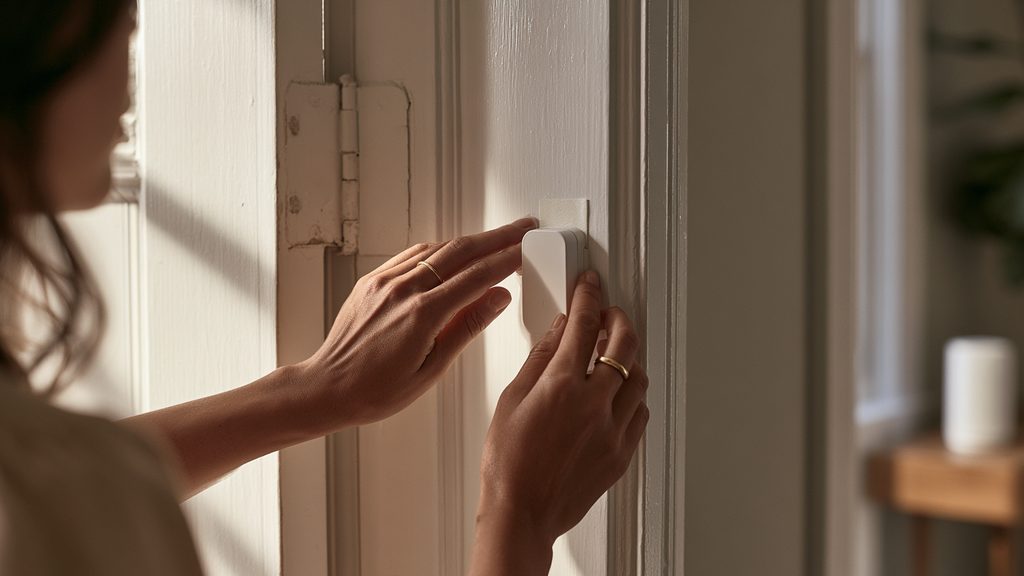 Homeowner mounting a small wireless door sensor on a white door frame with the alarm base station visible on a console table