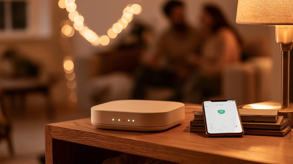 Close-up of a wireless alarm base station on a shelf with signal indicator lights, next to a smartphone showing a security app dashboard