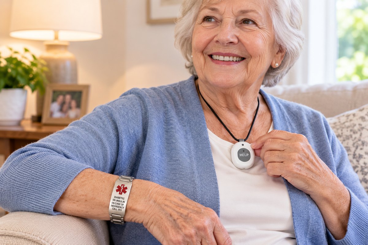 Senior woman at home wearing both a medical alert bracelet and a medical alert help-button pendant