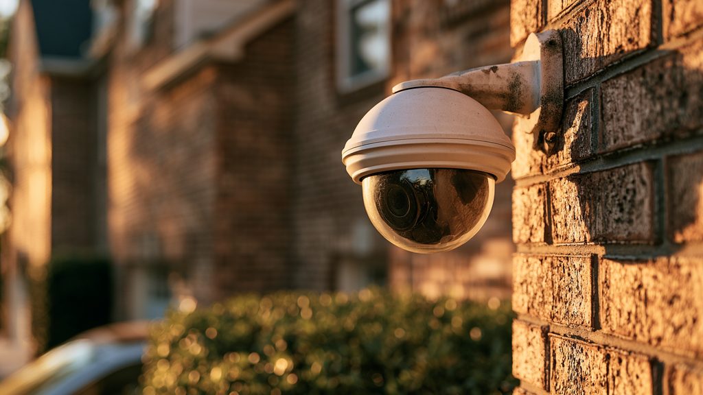 White dome security camera mounted high on the brick corner of a house, angled down toward the front entry and driveway
