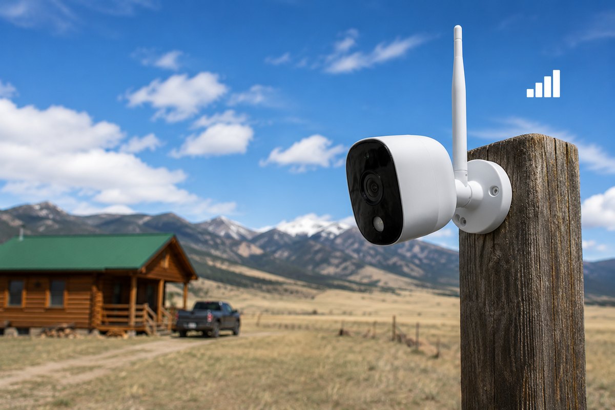 Outdoor security camera mounted on a fence post at a rural cabin property with mountains behind