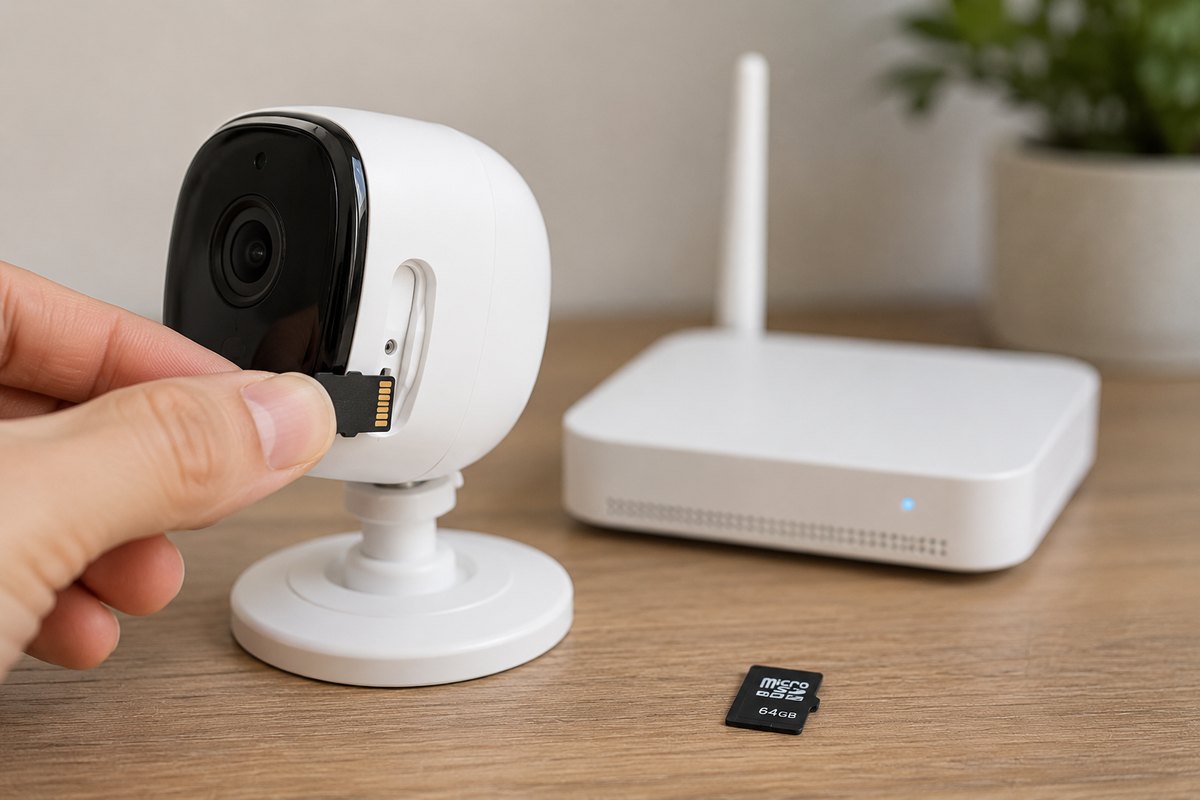 Hand inserting a microSD card into a white security camera next to a local storage hub on a desk