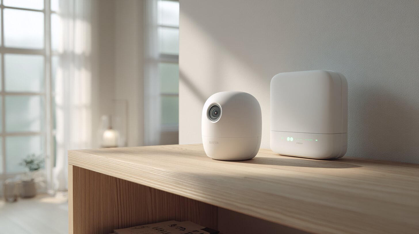 Indoor security camera on a bookshelf with a WiFi router visible in the background of the living room