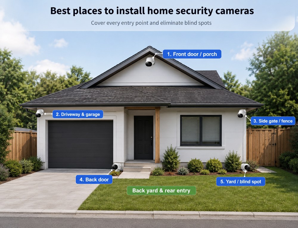 Labeled diagram of your home showing the five best security camera positions: front door, driveway and garage, side gate, back door, and yard blind spots