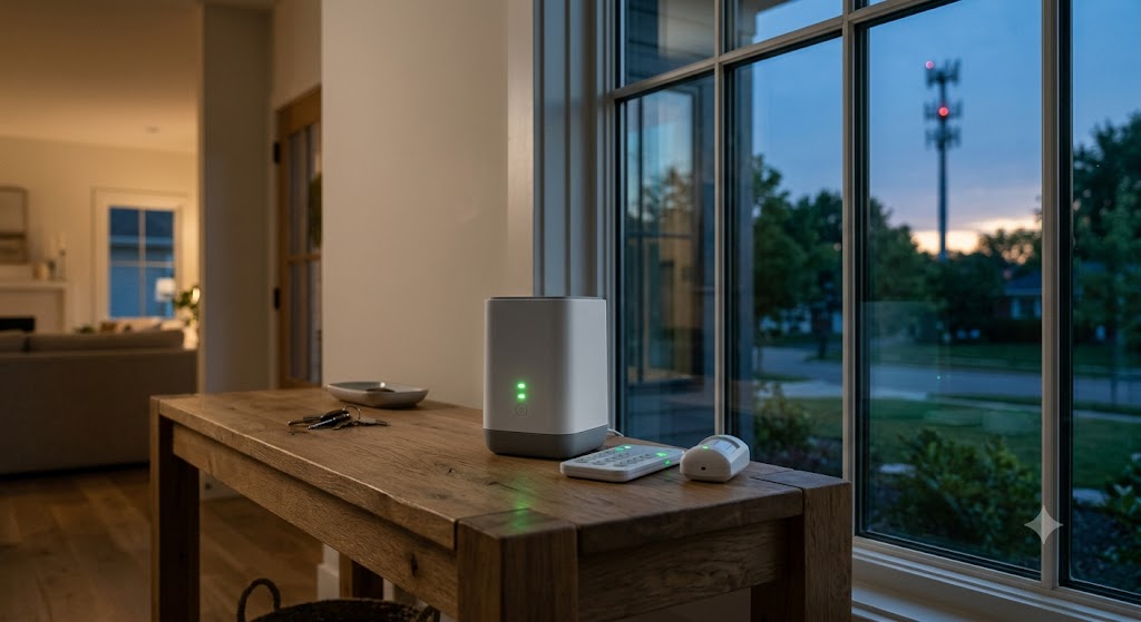 Base Station glowing green on a table near a window at dusk with a cellular tower visible in the distance outside