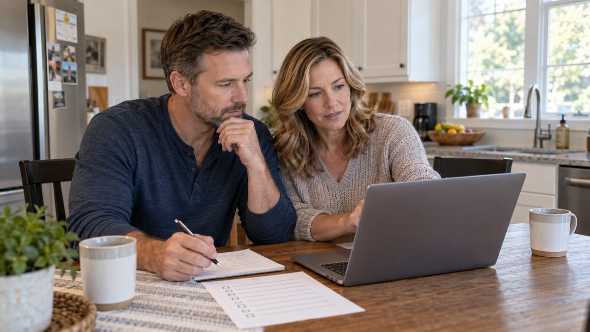 Homeowner at a kitchen table comparing home security companies on a laptop with a printed checklist and notes
