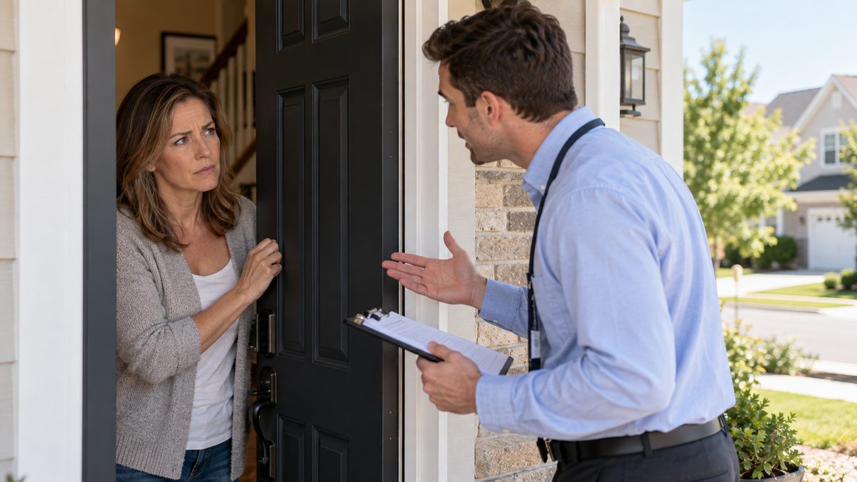 Cautious homeowner standing in a half-open doorway talking to a pushy door-to-door security salesperson holding a clipboard