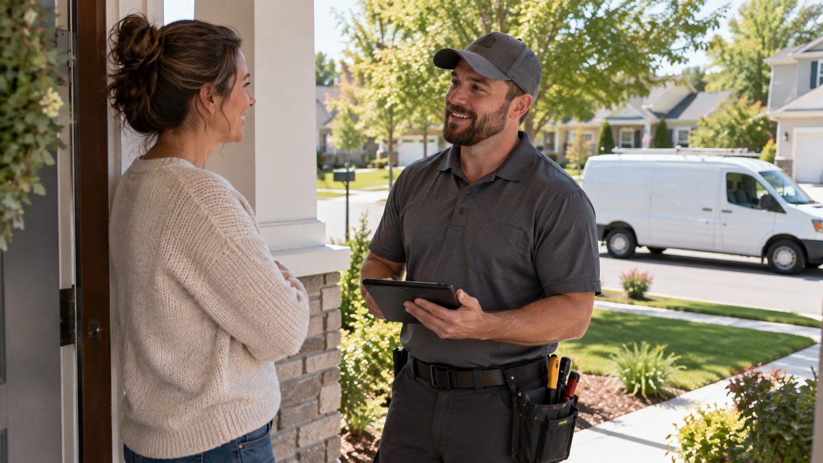 Friendly local home security technician in a plain uniform greeting a homeowner on the porch of a suburban house with a service van at the curb