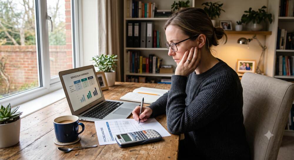 A woman at a home office desk comparing security system pricing plans on her laptop