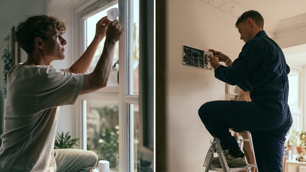 Split image: a homeowner sticking a wireless sensor to his window frame himself, next to a professional technician wiring a wall control panel