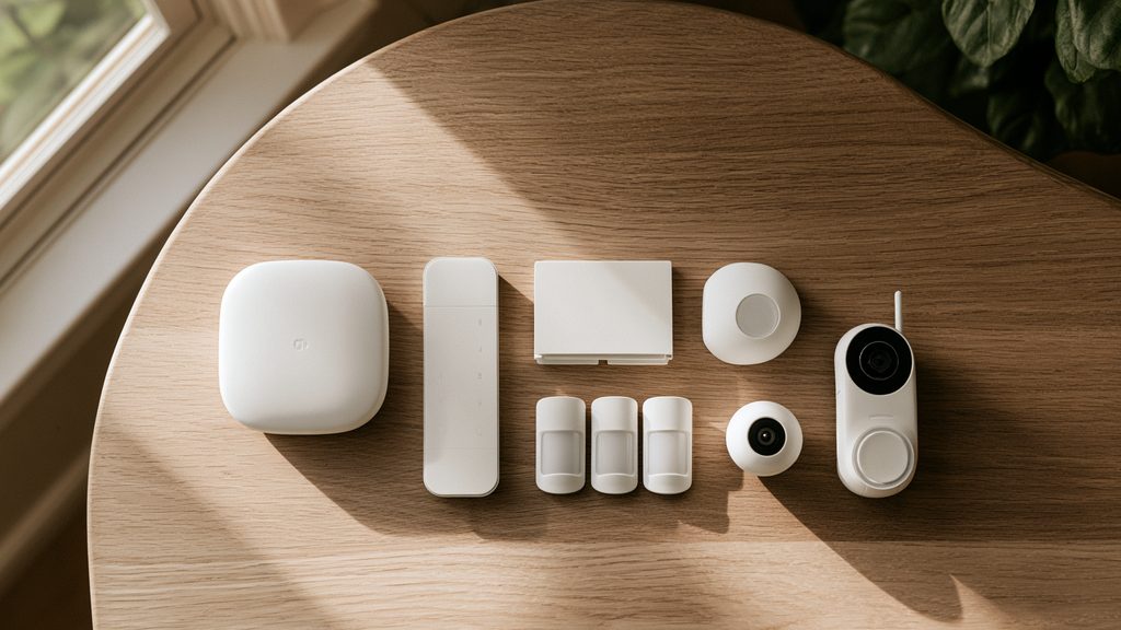 Full wireless home security kit laid out on a wooden table: base station, keypad, entry sensors, motion detector, indoor camera and video doorbell