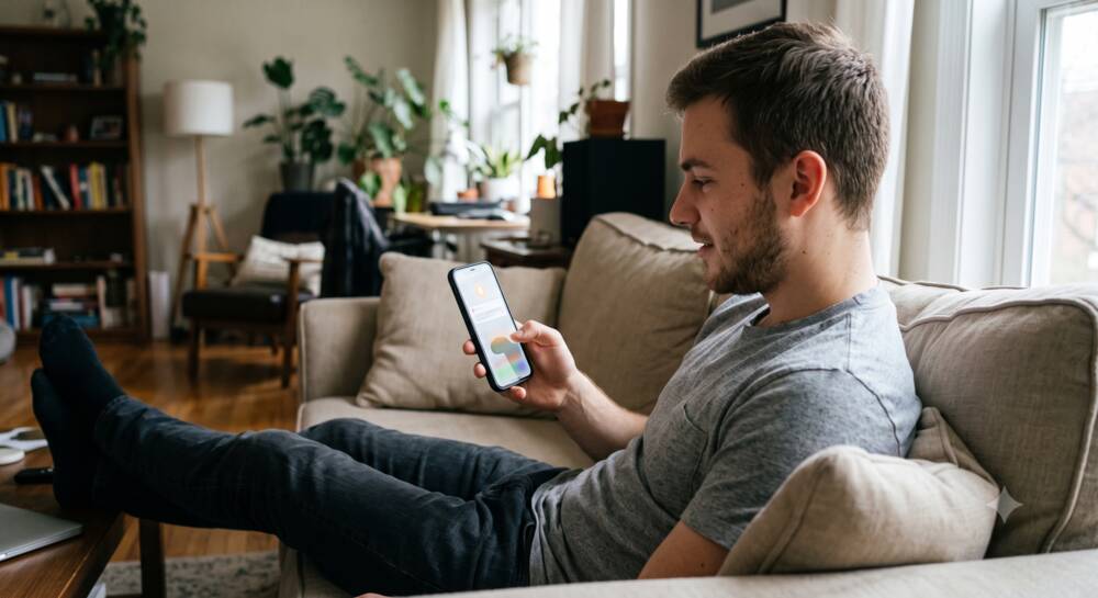 A man on his living room couch checking a security camera alert on his smartphone