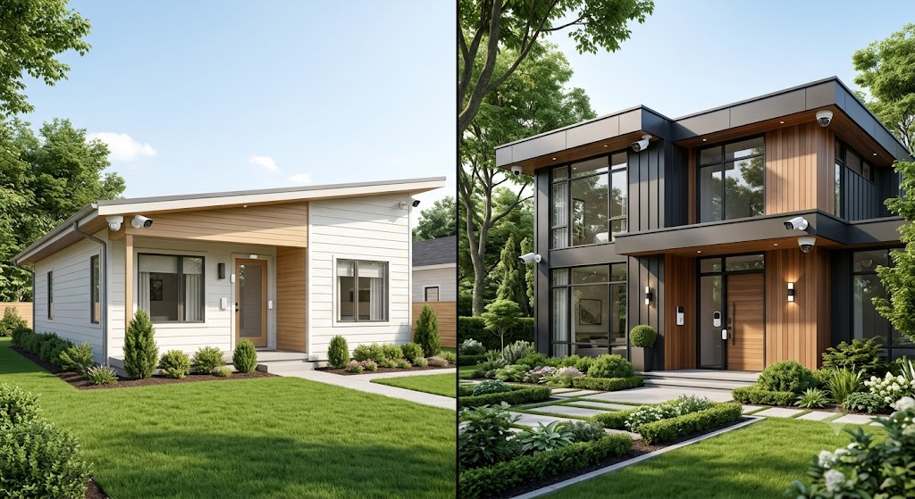 Split image comparing a small self-installed home security setup against a larger professionally installed system
