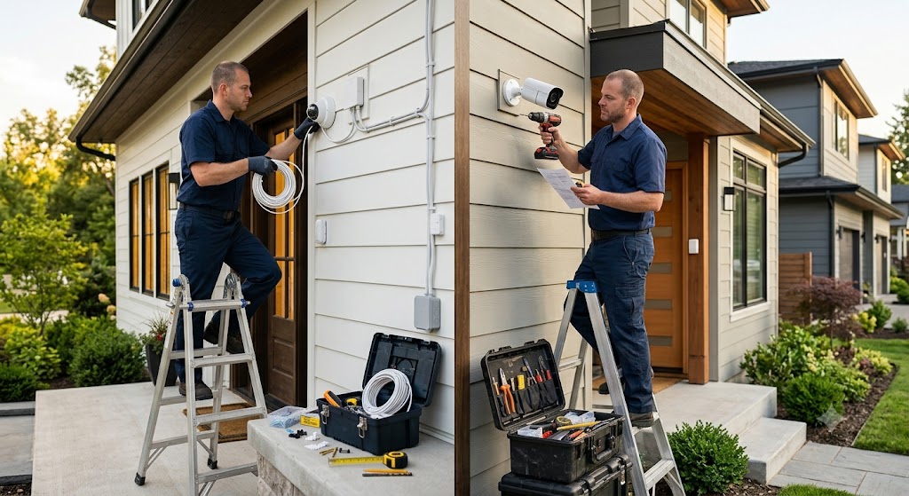 Split image comparing a DIY camera install on one side and a professional installer on the other