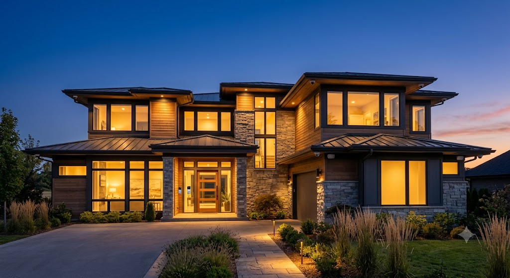 A home with an installed security system lit up at dusk