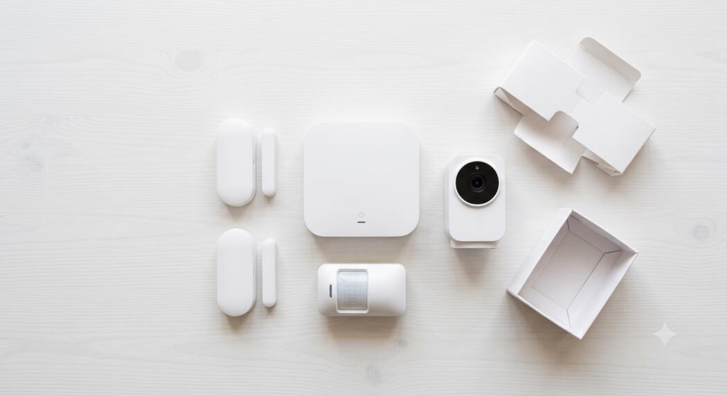 A basic home security starter kit unboxed: control panel, door sensors, motion detector and a small camera