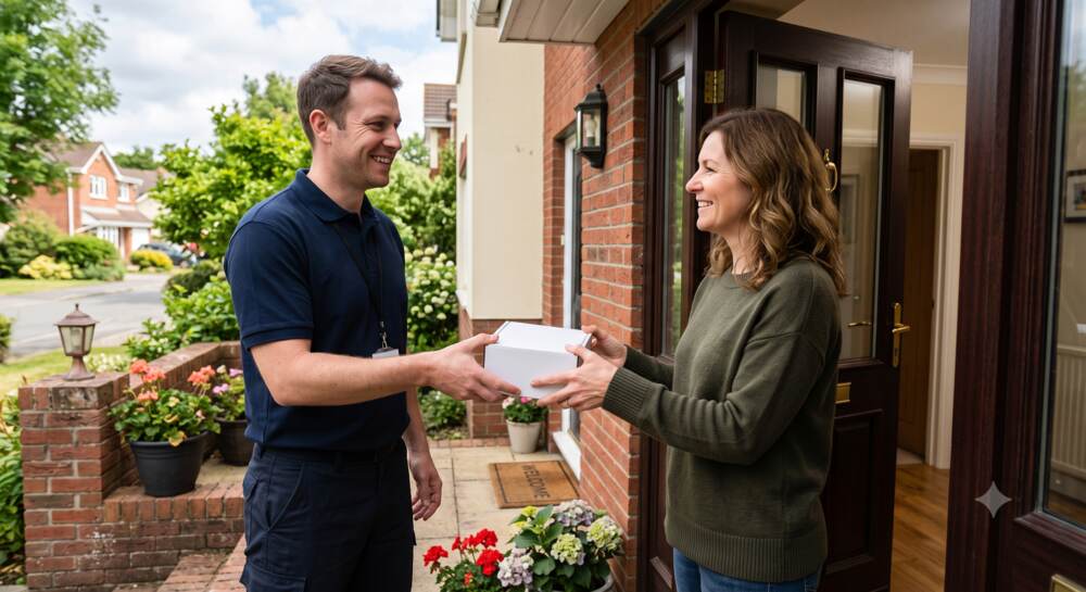A security technician handing a homeowner a free equipment box at her front door