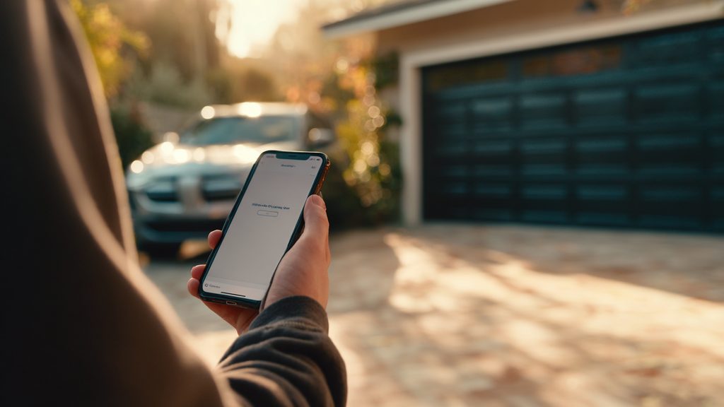 Person checking a smartphone app showing garage door open/closed status while standing near a car in a driveway