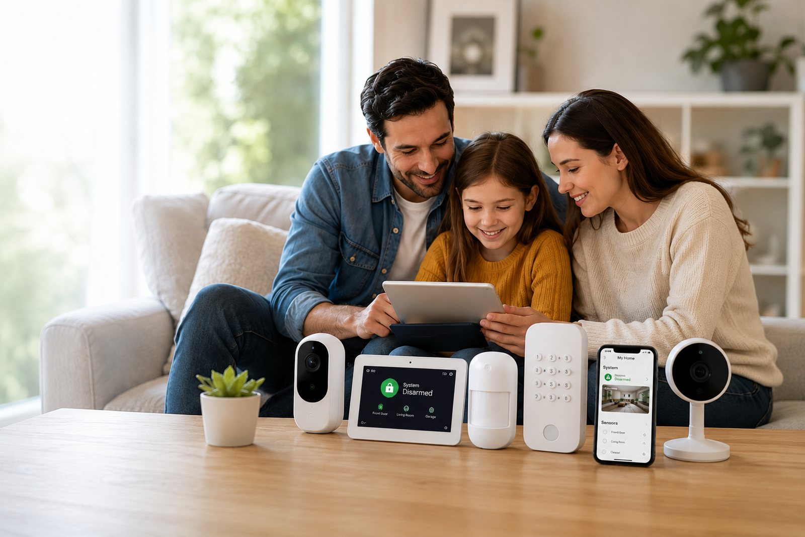 Family reviewing home security options together on a tablet at home