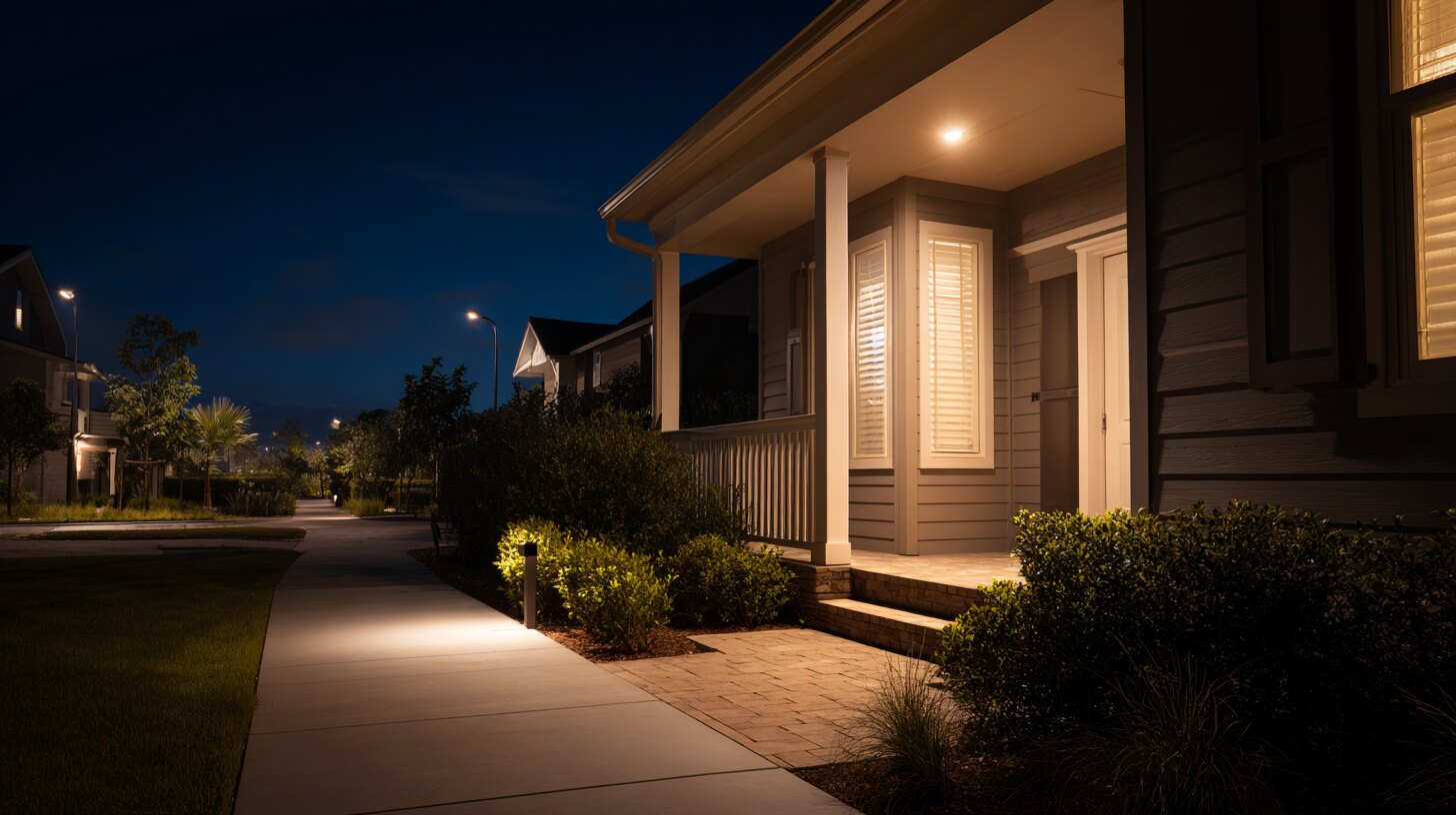 Modern home exterior lit up at night with visible security cameras, fully protected whether WiFi is up or down