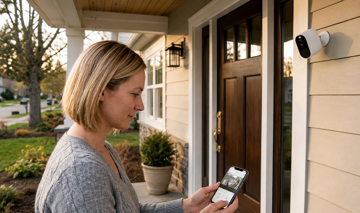 Woman standing on her front porch checking a home security app on her smartphone, with a wall-mounted outdoor security camera visible by the door