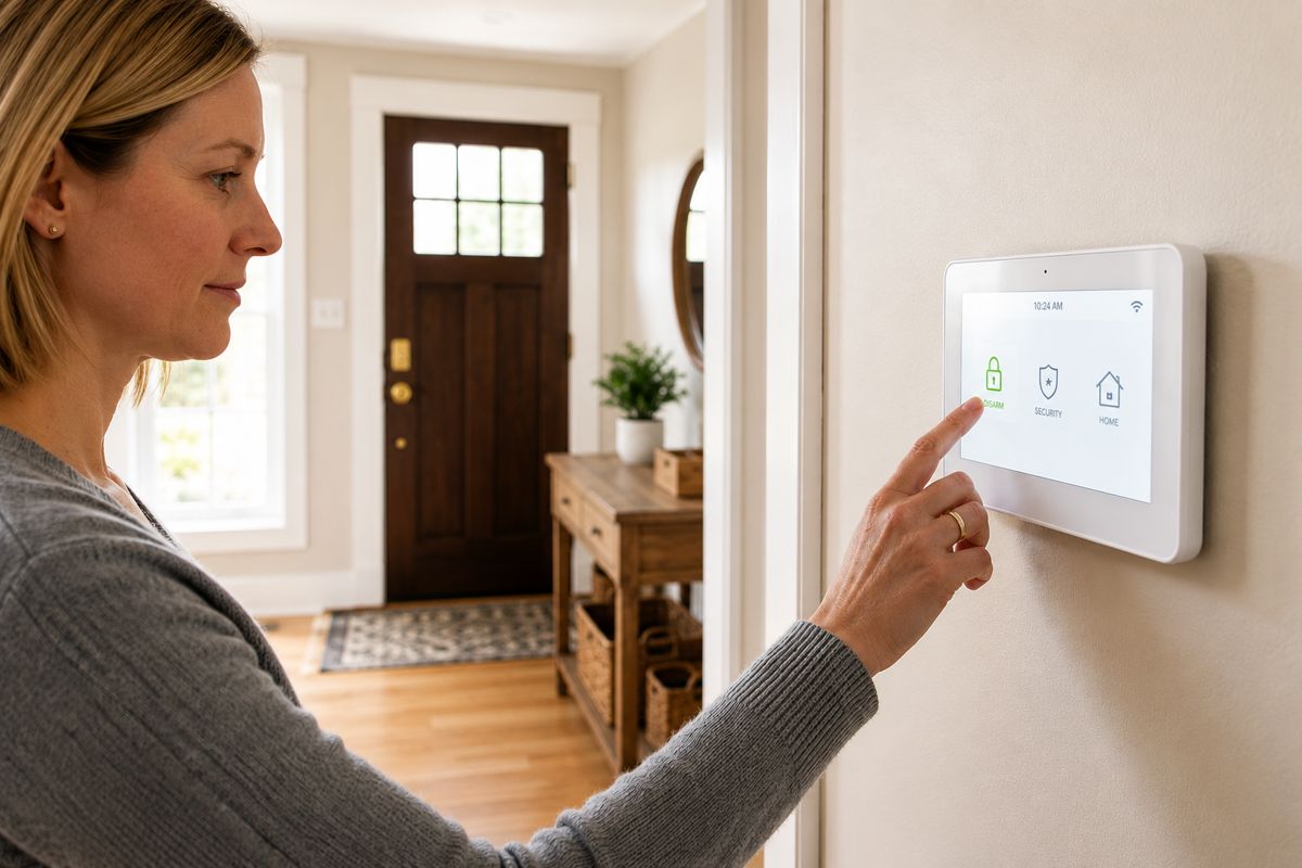 Homeowner arming a wall-mounted smart security touchscreen keypad in a bright home hallway near the front door