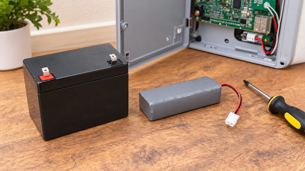 Two alarm backup batteries side by side on a workbench: a 12-volt lead-acid block and a NiMH battery pack