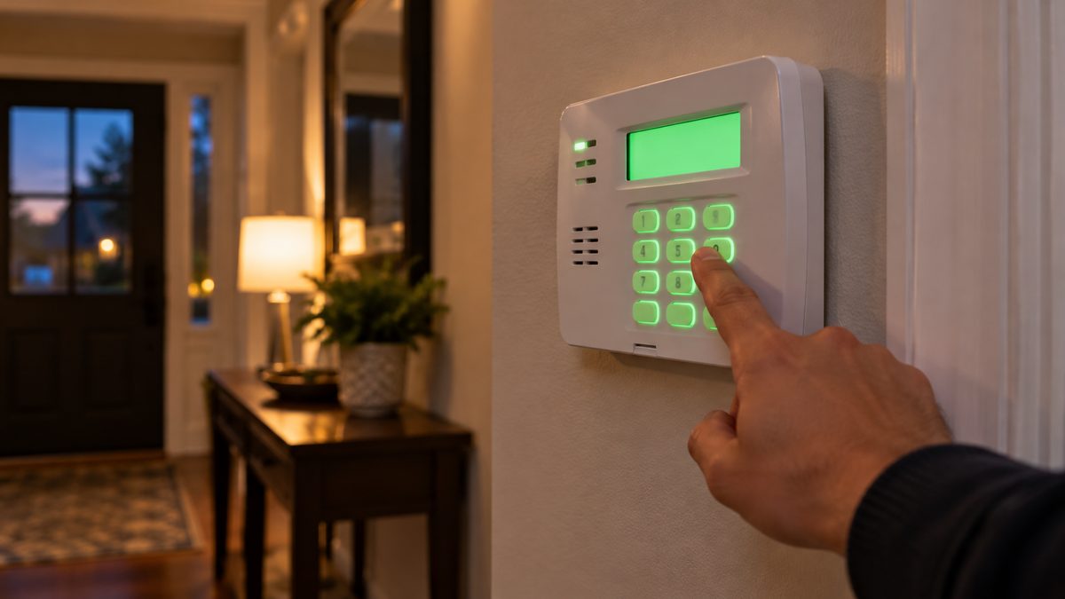 Hand pressing the OFF key on a white Honeywell-style alarm keypad in a hallway at night